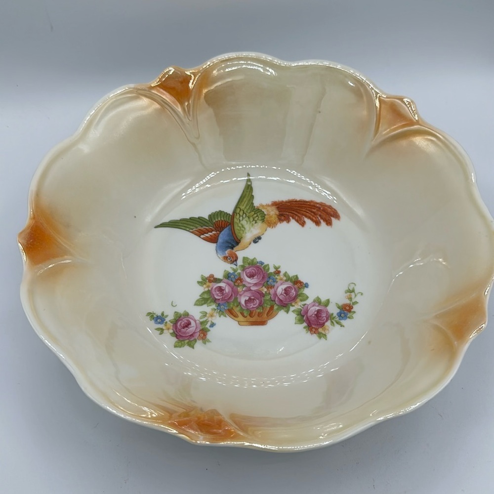 Vintage serving bowl with colorful bird and flowers